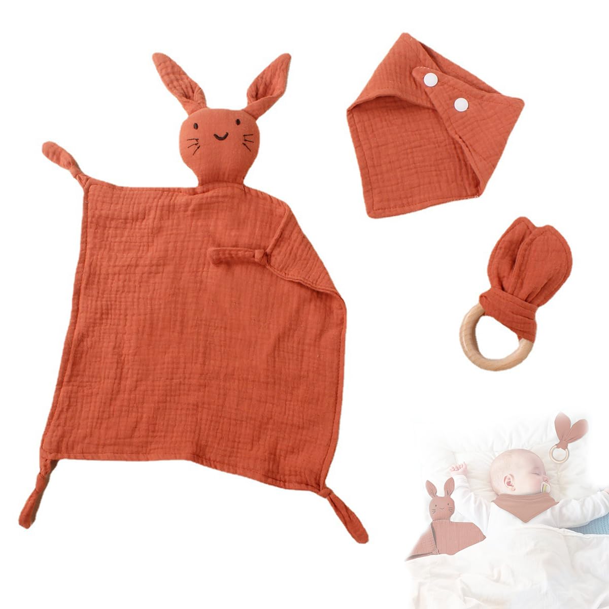 SNOWIE SOFT Set of 3pcs Baby Soothing Comforter Towel Bib Wooden Teether Ring Cartoon Bunny Soothing Towel 100% Cotton Handkerchief Hand Gripping Towel, Face Towel for Baby 0-12 Months SNOWIE SOFT Set of 3pcs Baby Soothing Comforter Towel Bib Wooden Teether Ring Cartoon Bunny Soothing Towel 100% Cotton Handkerchief Hand Gripping Towel, Face Towel for Baby 0-12 Months